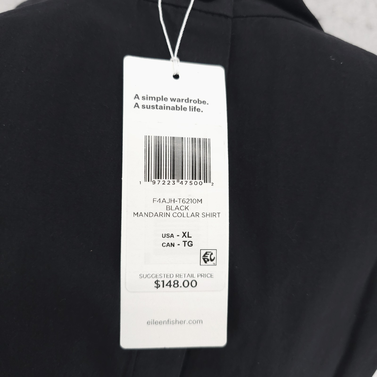 NWT EILEEN FISHER Black Mandarin Collar Shirt Cotton Poplin Sleeveless XL