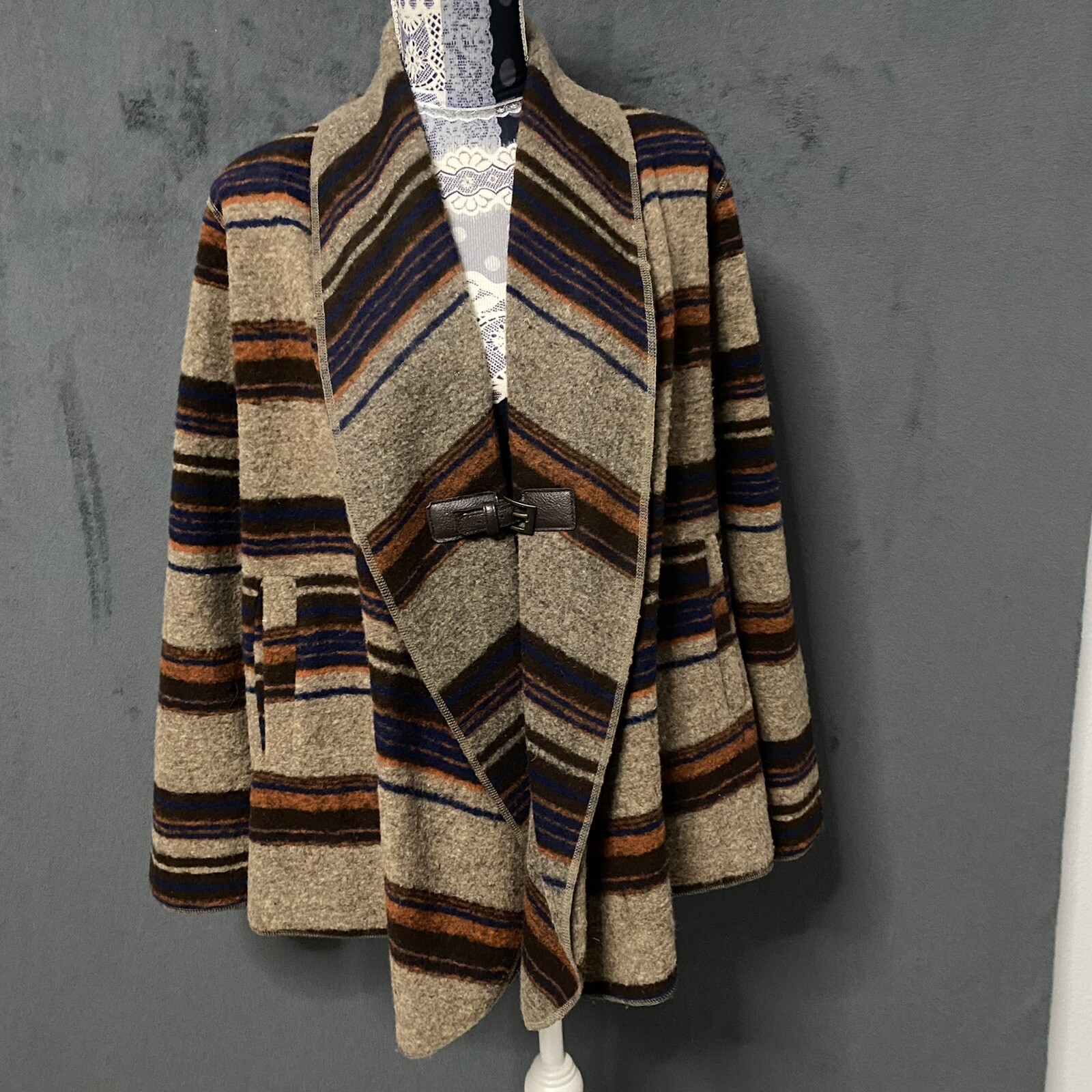 Fenn Wright Manson Wrap Cardigan Women M Brown Stripe Boho Poncho Jacket Western