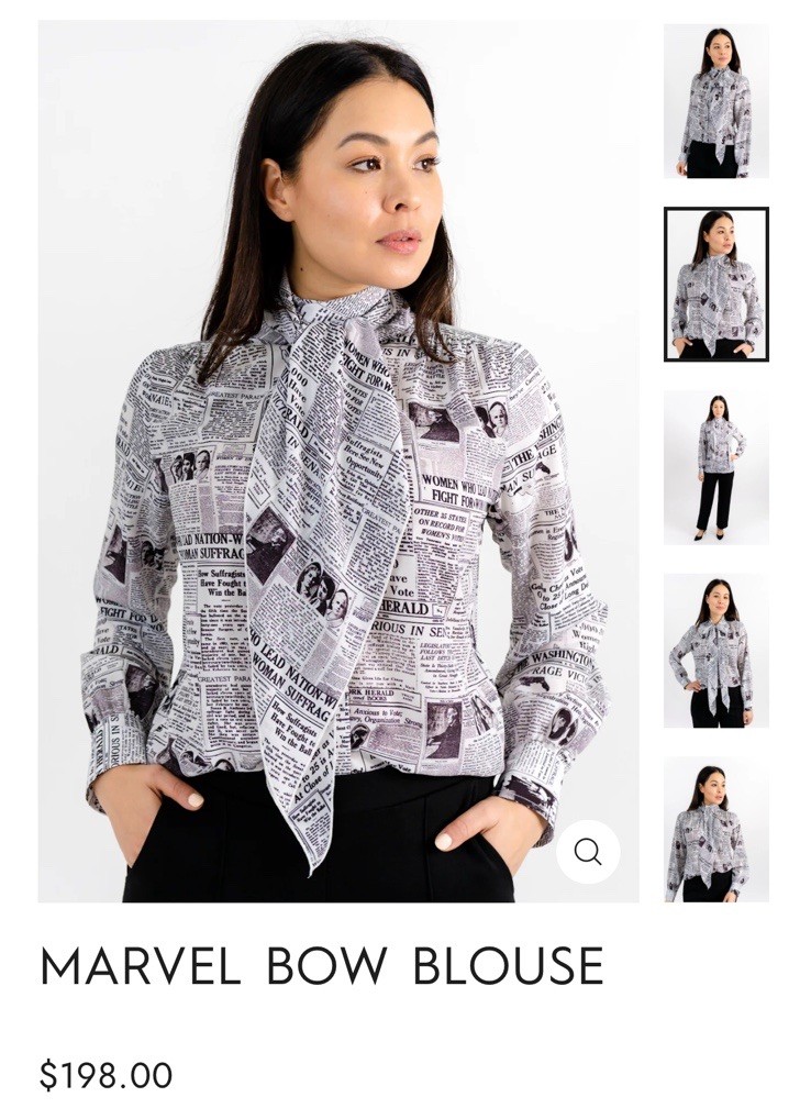 Gravitas NY Marvel Bow Blouse Newspaper Newsprint Top Suffragist As Seen On TV S