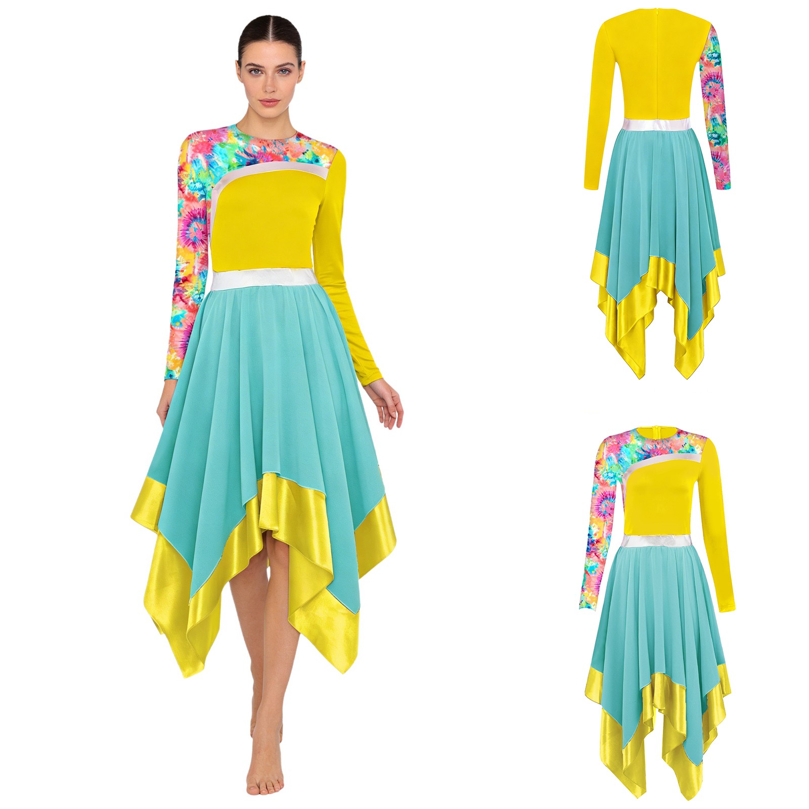 US Women Liturgical Dance Dress Irregular Tiered Hem Church Lyrical Long Skirt