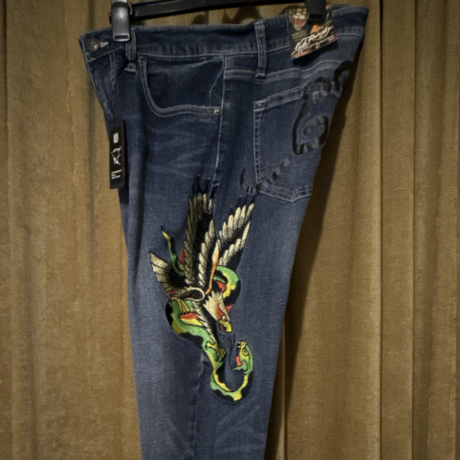 NWT Y2K Hardy Men Slim Straight Dark Wash Denim Jean Embroidered Winged Snake 32
