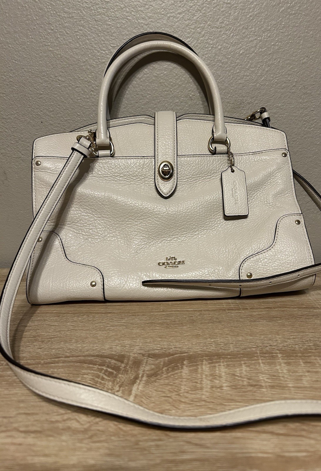 Coach White Pebbled Satchel Top Handle Bag Detachable Strap Turn Lock Zip, Med