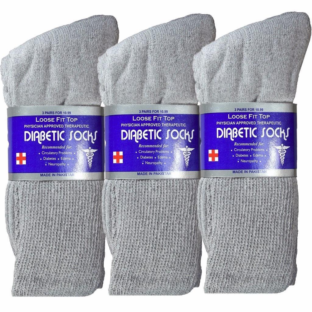 3 Pairs New Gray Men Loose Fit Top Circulatory Diabetic Crew Socks Cotton 10-13