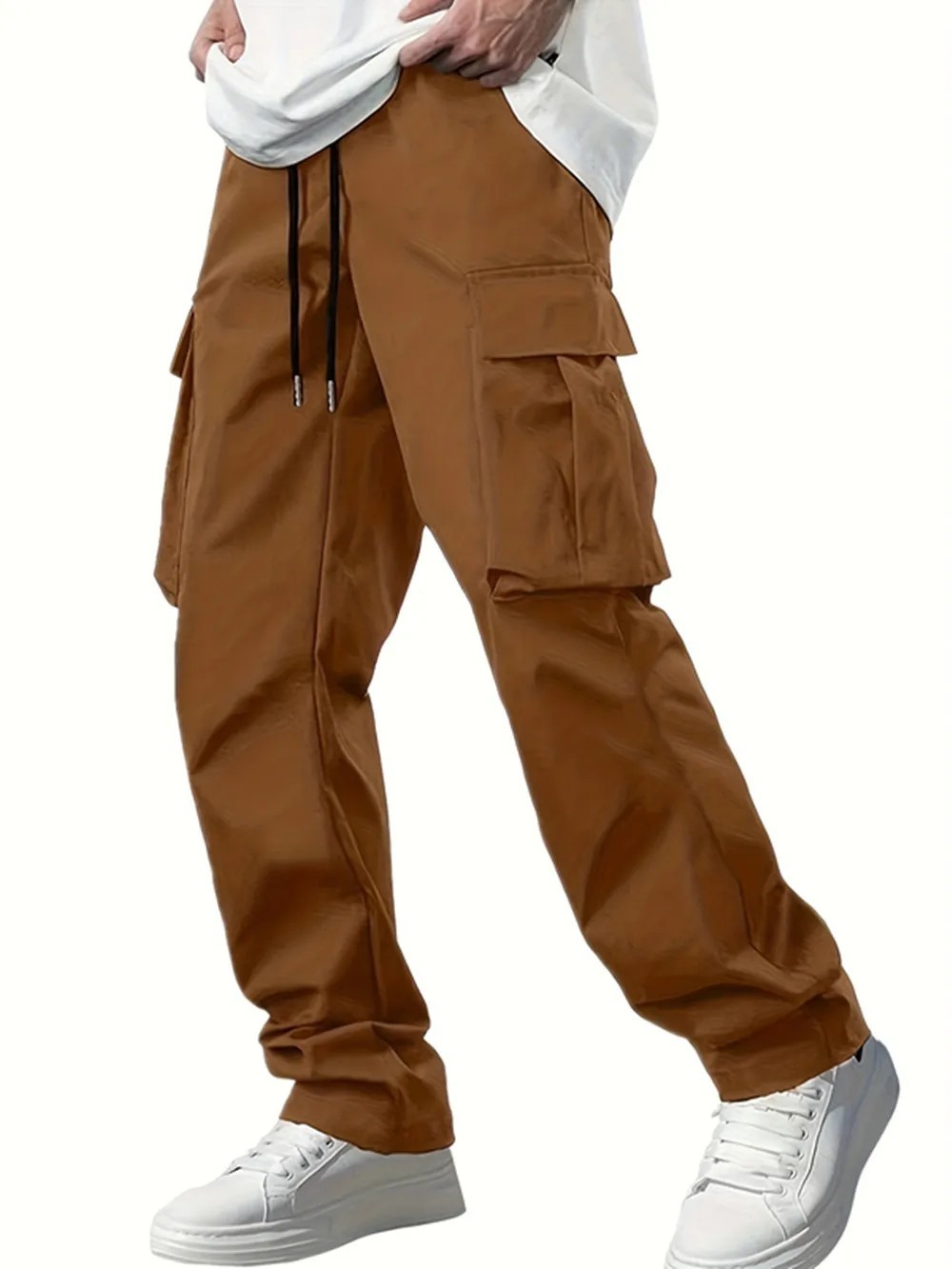 Mens Cargo Jogger Pants Drawstring Loose Fit Multi Pocket Casual Trousers