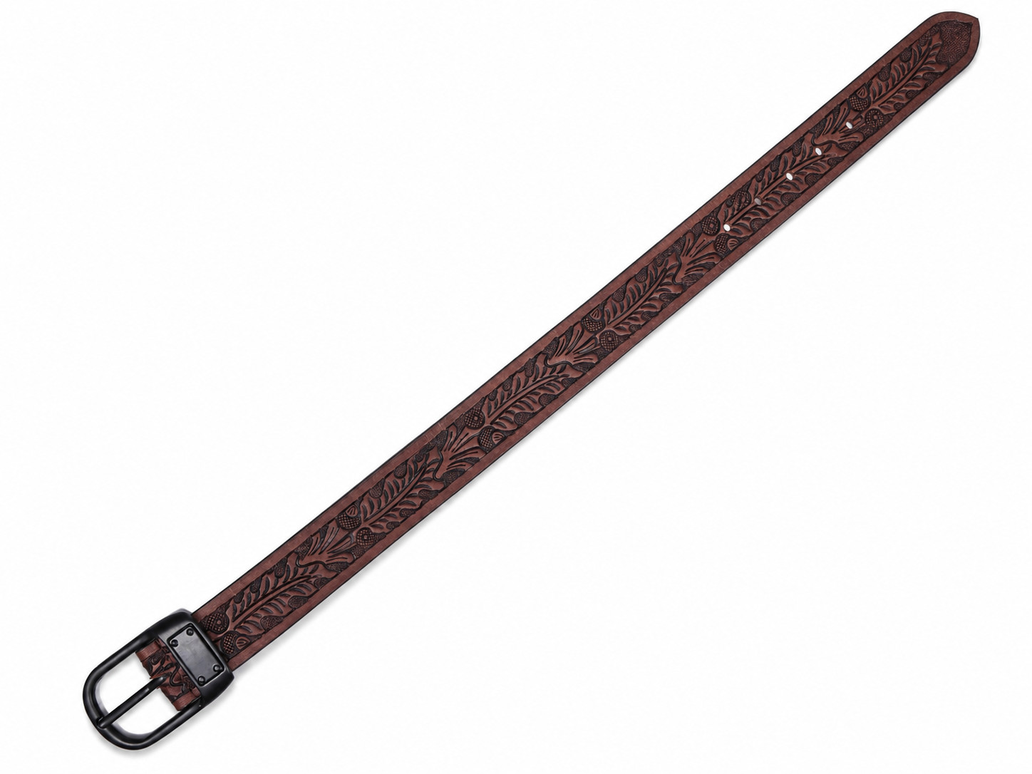 Men’s Brown Tooled Leather Belt Black Buckle Western Cowboy Embossed Belt