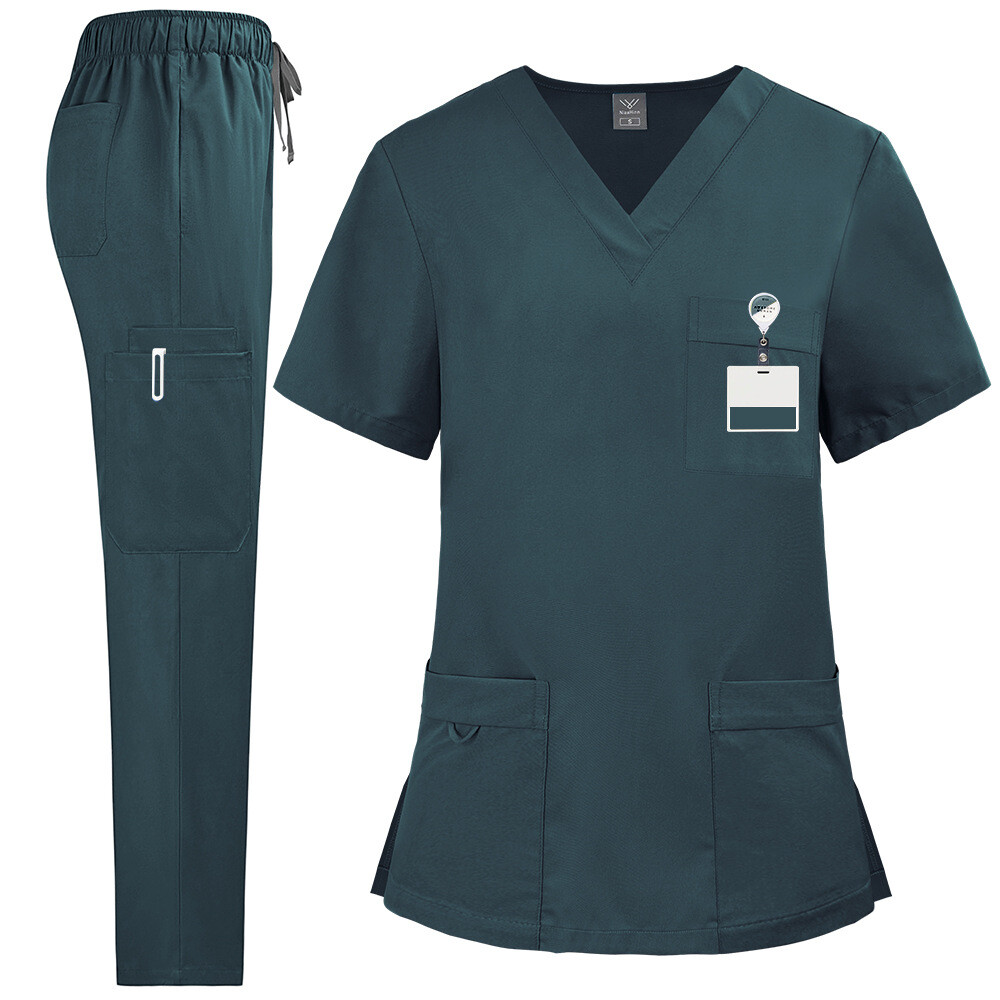 2pcs/set Medical Uniform Nursing Scrub Men Women V-Neck Straight Multi-pocket