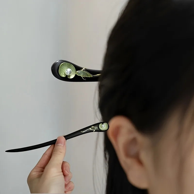 1pc Chinese Style Hair Stick: Black Wood with Gold, Green & Pearl Accents, Intri