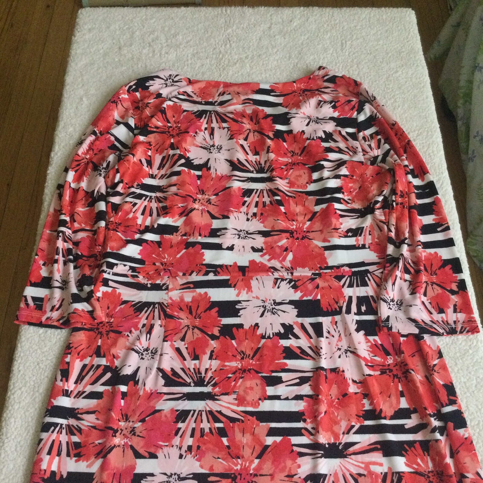 Ann Taylor Blouson Stretch Dress Floral Striped Red Pink Black – Sz Large Petite