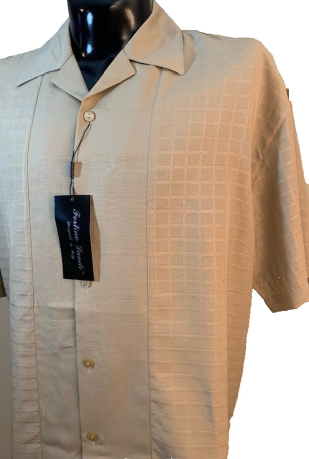Fortino Landi Mens 2pc Walking Suit Shirt Pleated Pants Set 2XL Beige Plaid 42