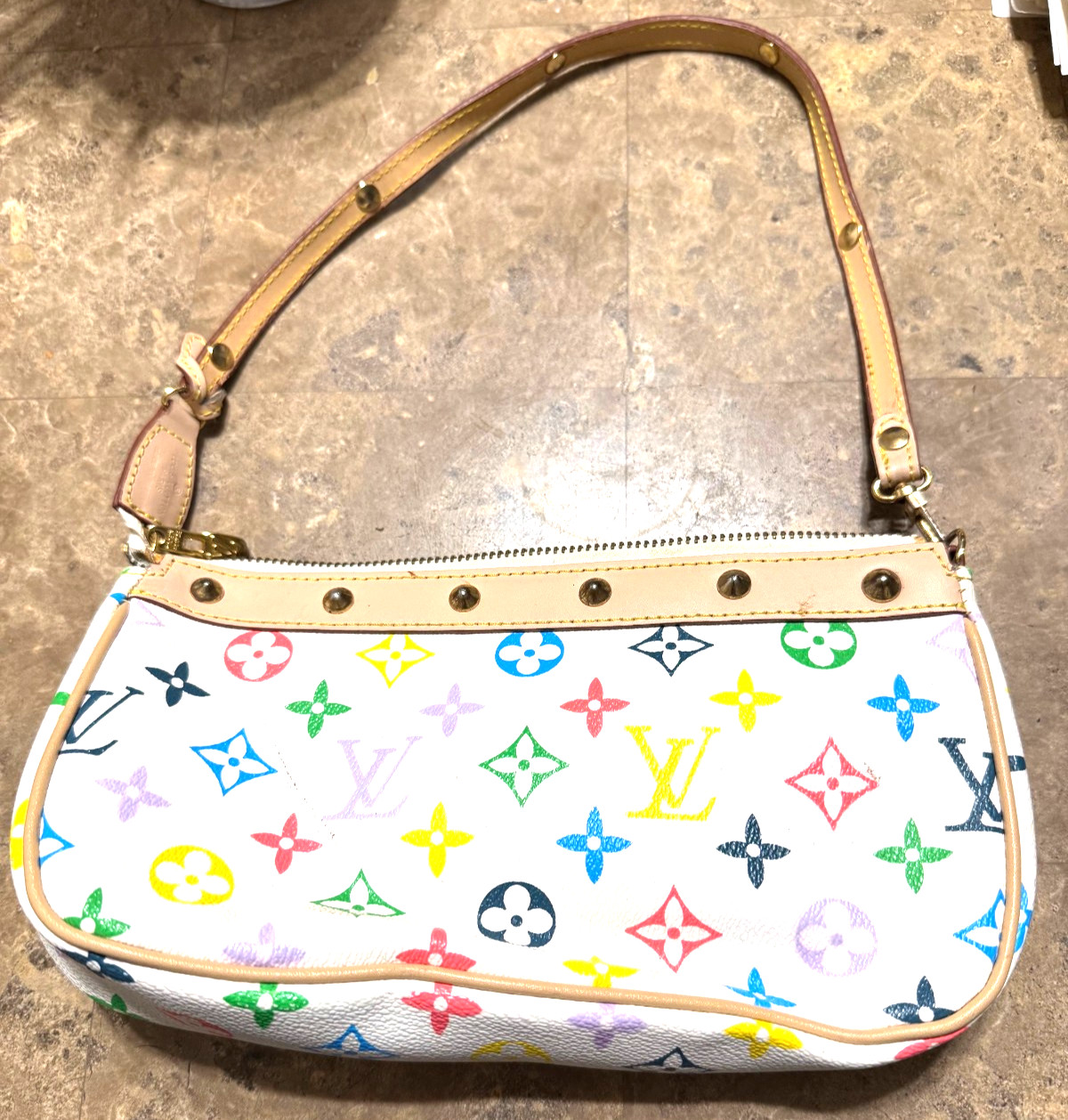 Y2K Multicolor Monogram Print Pochette Shoulder Bag Leather Bow Studded Trim