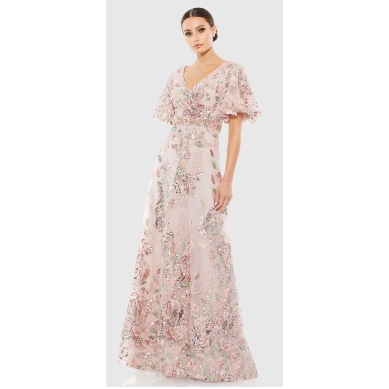 Mac Duggal 67880 Rose Pink Floral Sequin Flutter Sleeve Gown Dress Size 8 NEW
