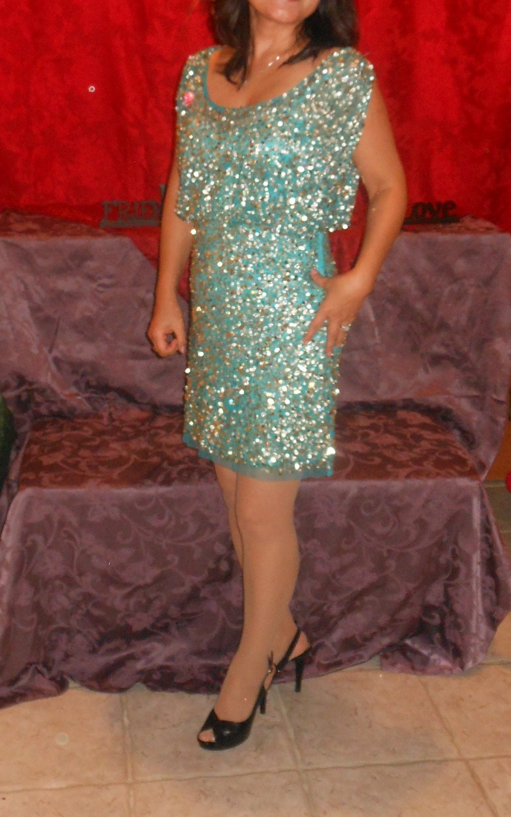 Aidan Mattox Green/Gold Sequin Beaded Mesh Lined Dolman Shift Dress
