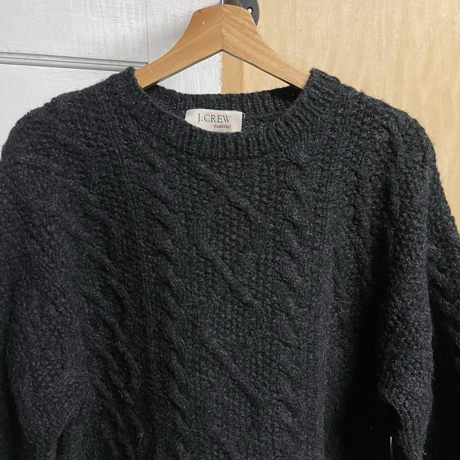 Vintage J.Crew Handknit Sweater Wool Fisherman Cable Knit Gray Sz Large