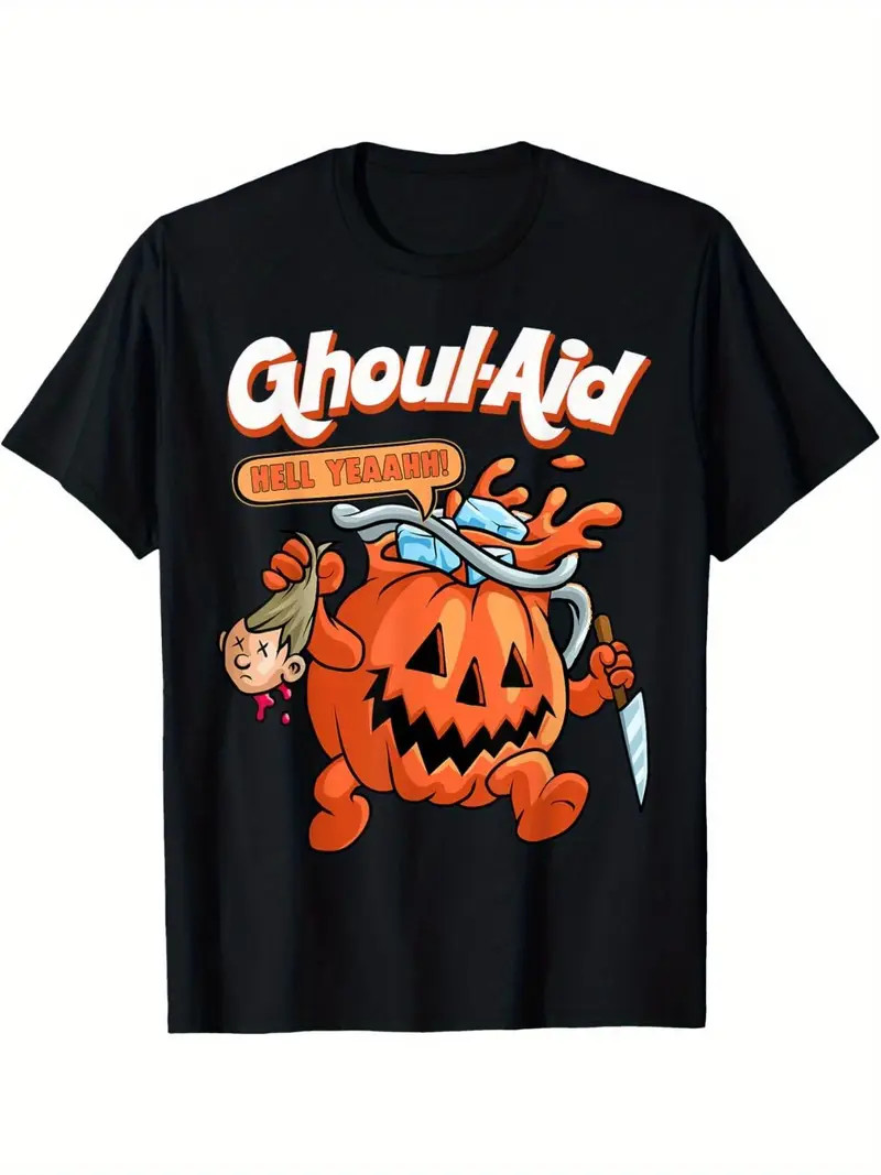 Men’s Halloween Ghoul Aid Pumpkin Graphic T-Shirt – 100% Cotton Short Sleeve Cre