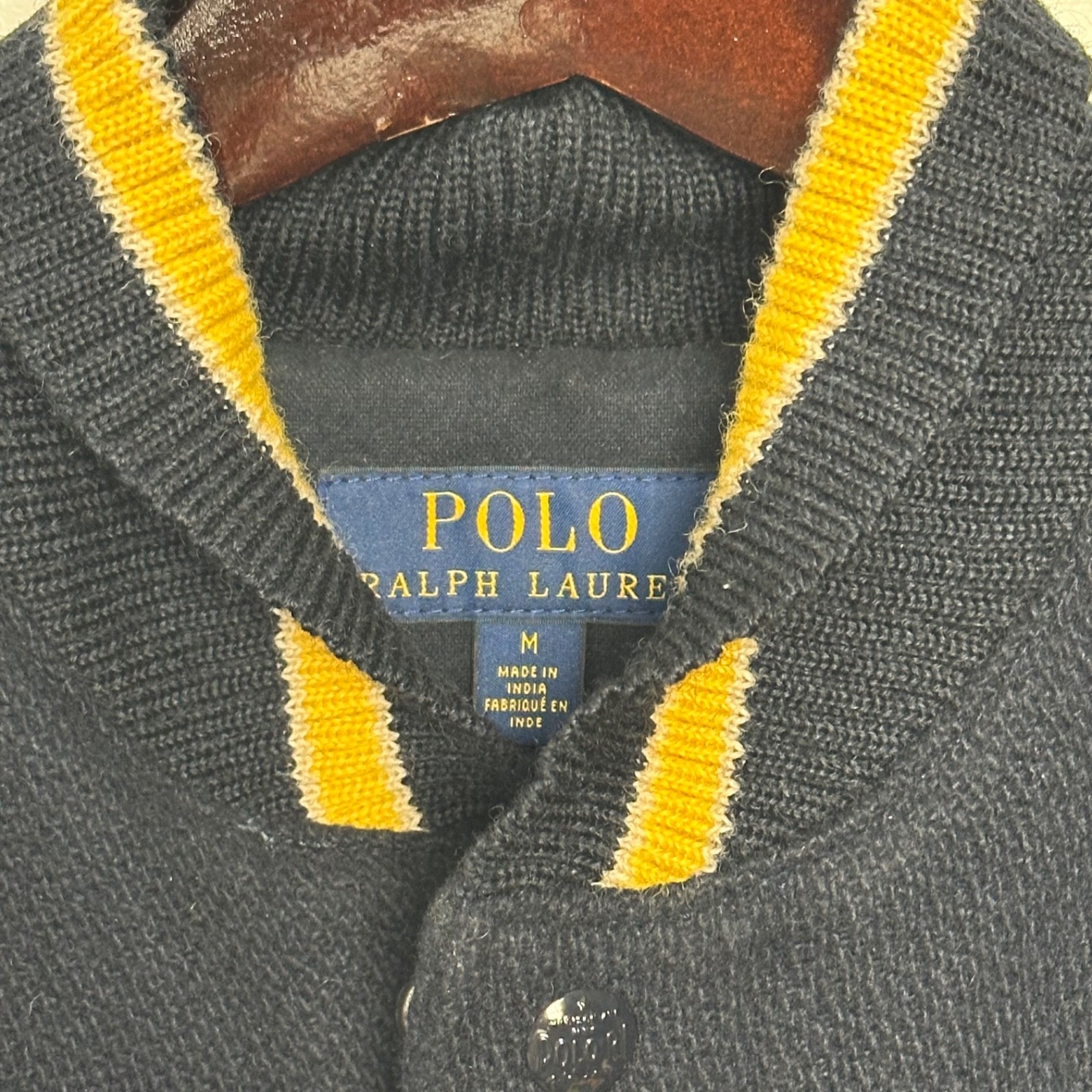 Ralph Lauren Polo Navy Blue Varsity Letterman Wool Jacket Leather Sleeve Mens M