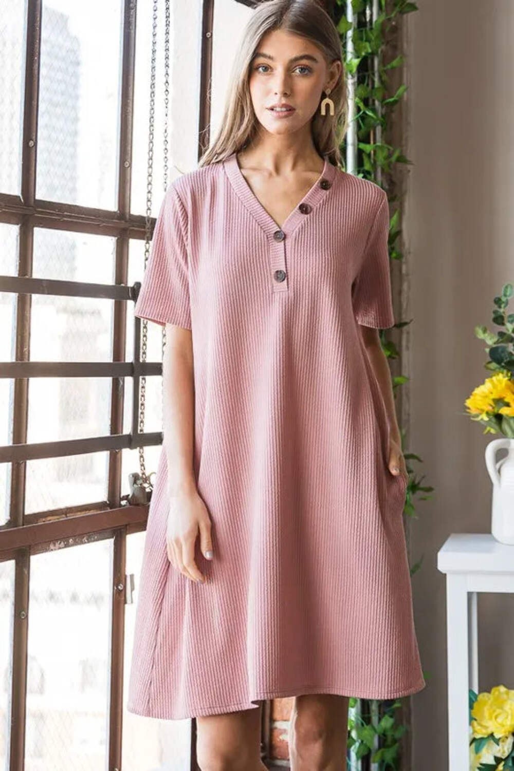 Heimish Pink Ribbed Collared Neck Short Sleeve Mini Dress with Buttons
