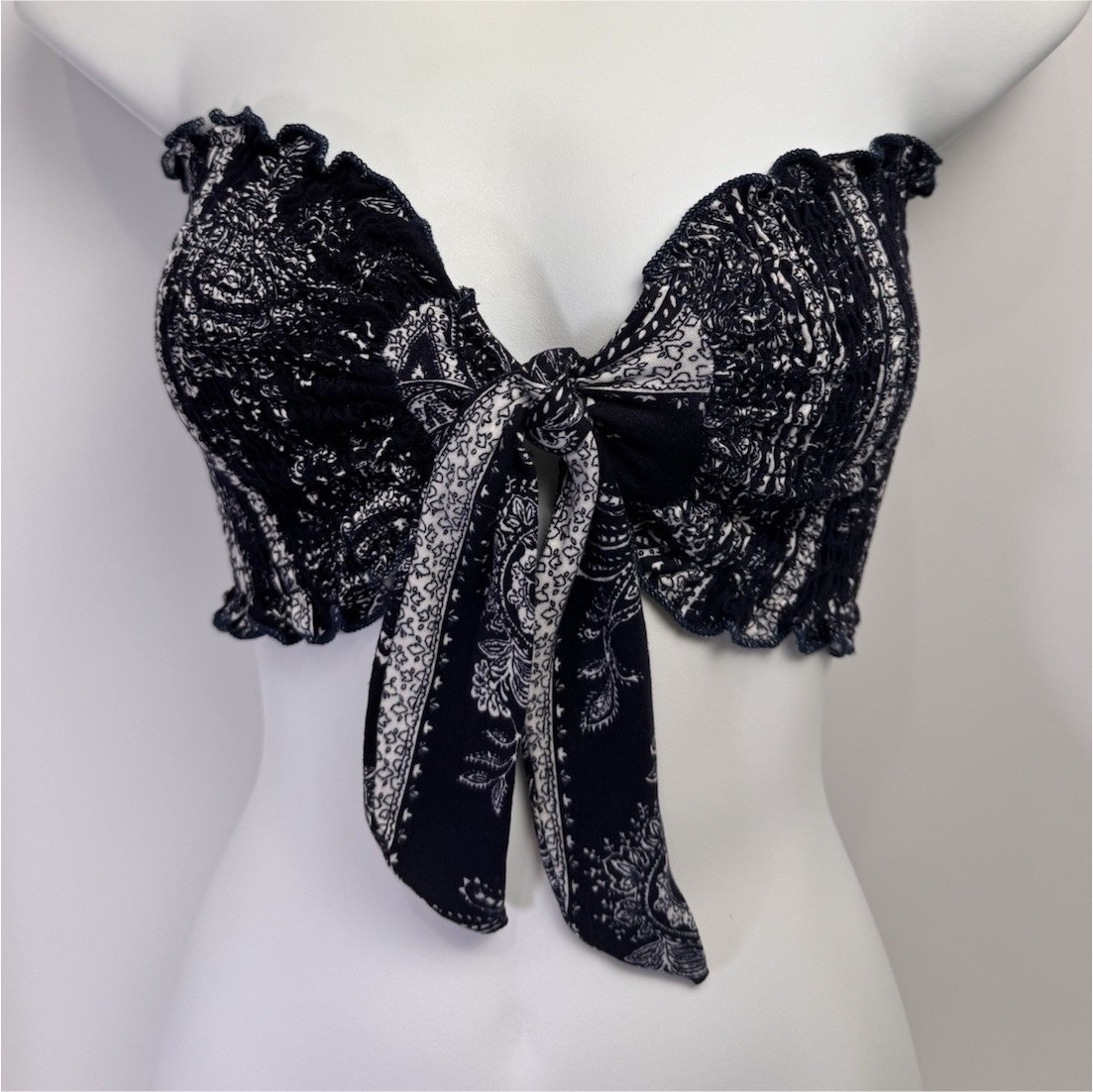 Windsor Paisley Strapless Bandeau Sweetheart Tie-Front Blue & White Stretch