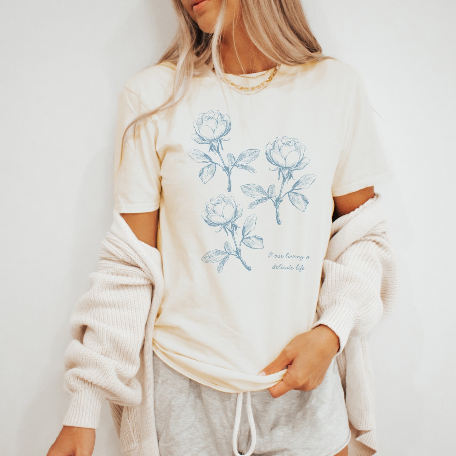 Rose Drawing TShirt Blue Floral Graphic Botanical Soft Cotton Shirt Flower Sketc