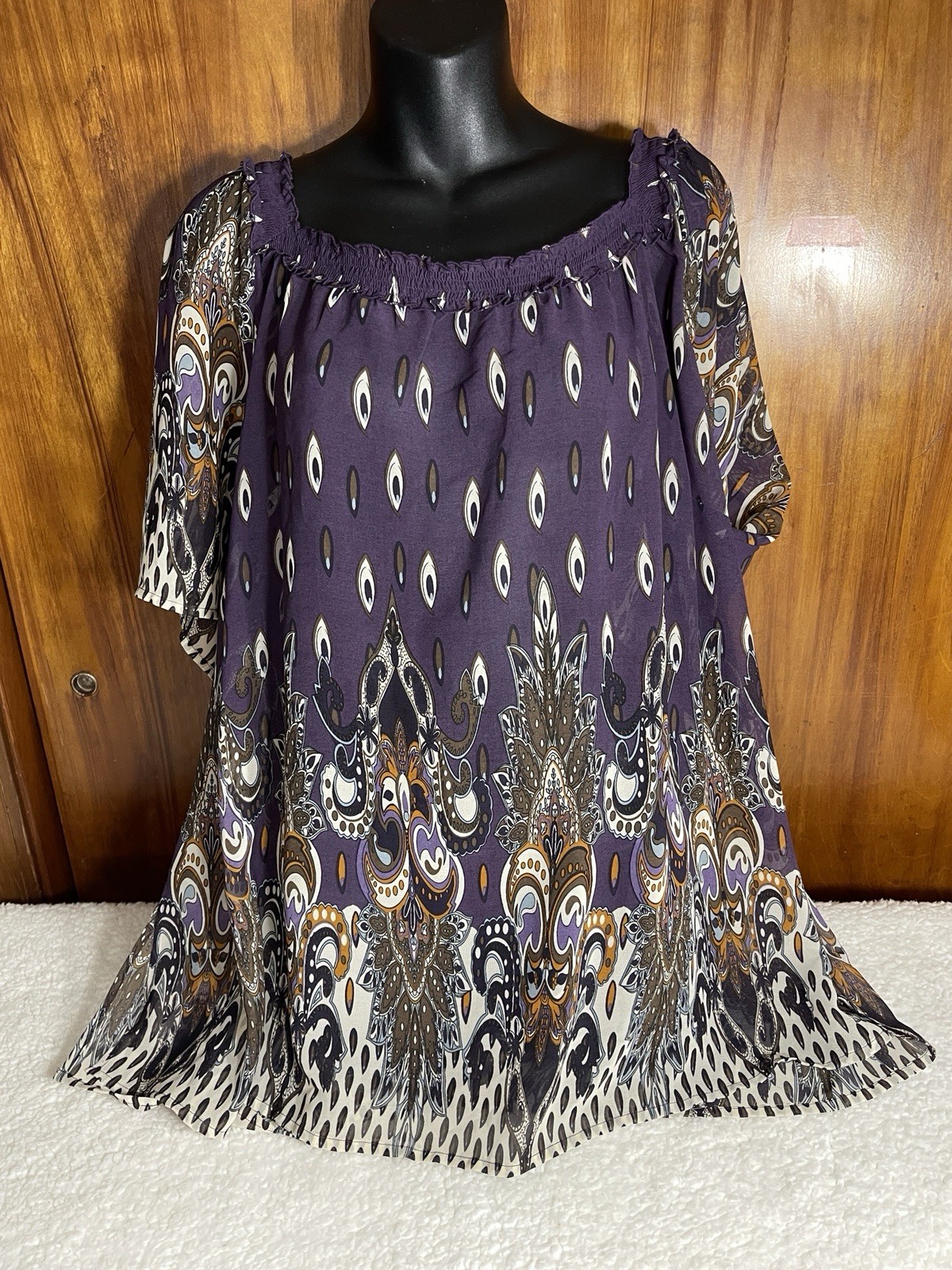 Saint Tropez West Purple Paisley Chiffon Sheer Ruffle Tunic Blouse 3X