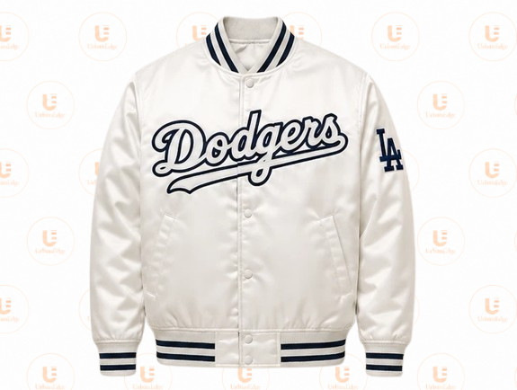 Los Angeles Dodgers White Satin Varsity Jacket, LA Dodgers Baseball Bomber Jacke
