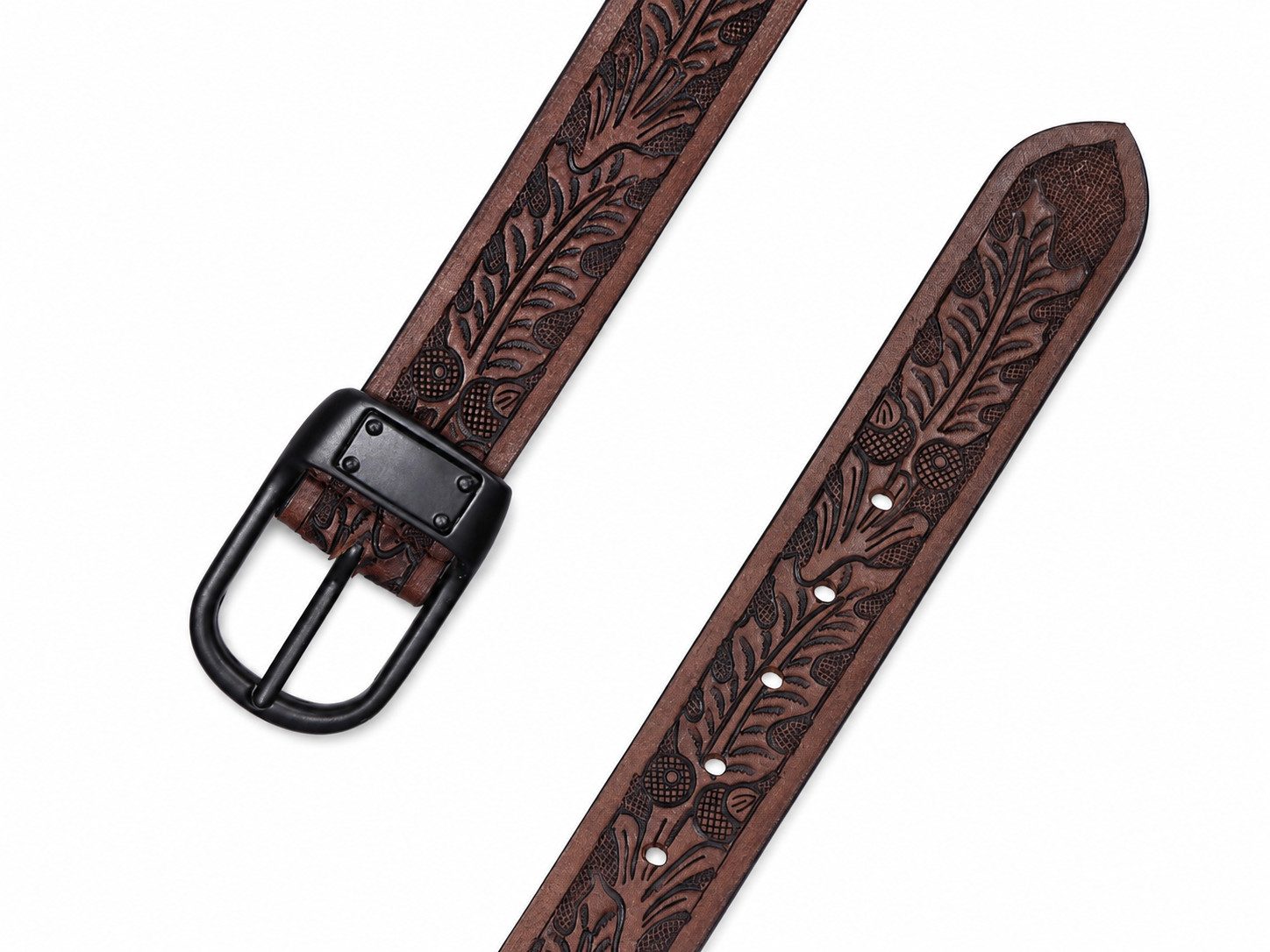 Men’s Brown Tooled Leather Belt Black Buckle Western Cowboy Embossed Belt