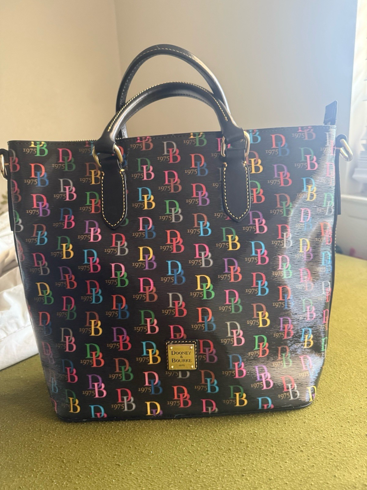Dooney & Bourke Black Multicolor Logo Zip Satchel Top Handle Detachable Strap