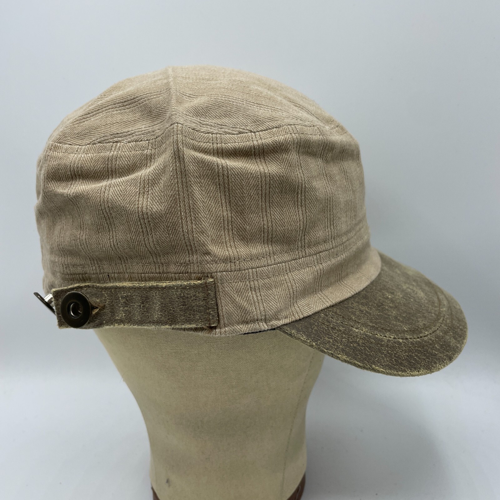 Army Style Hat Adult Unisex S/M Beige Brown Striped Military Cadet Cap Military