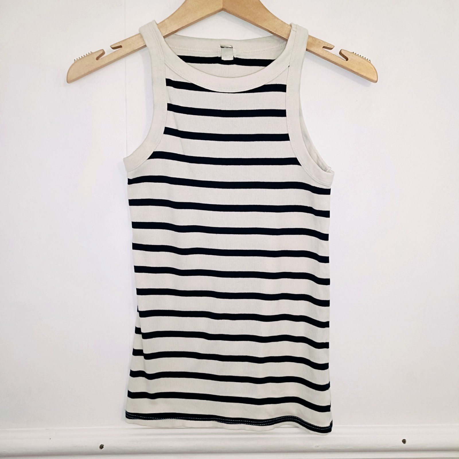 In Other Words Womens Top White Size UK 6 Striped Tank 100% Cotton Ribbed Black