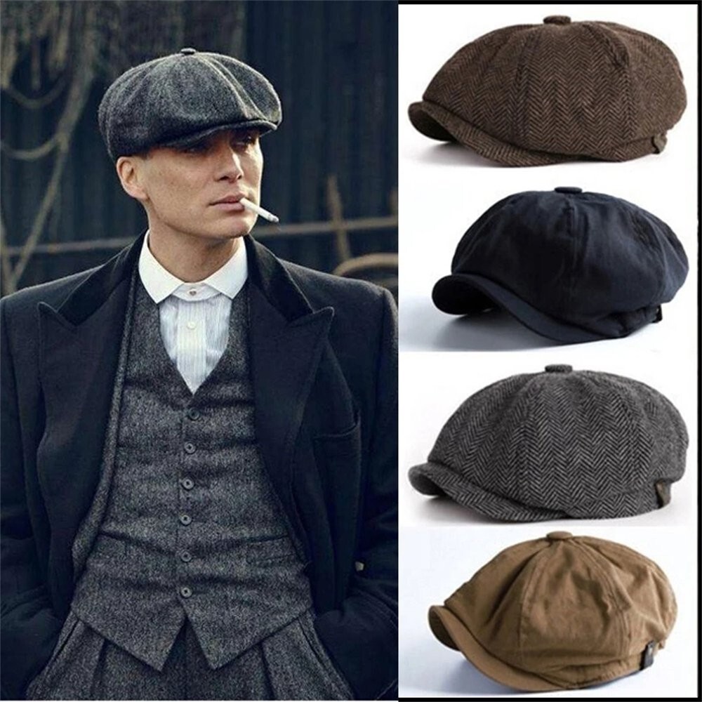 Peaky Blinders Hat Newsboy Flat Cap, Driver, Herringbone Tweed Wool Baker Boy