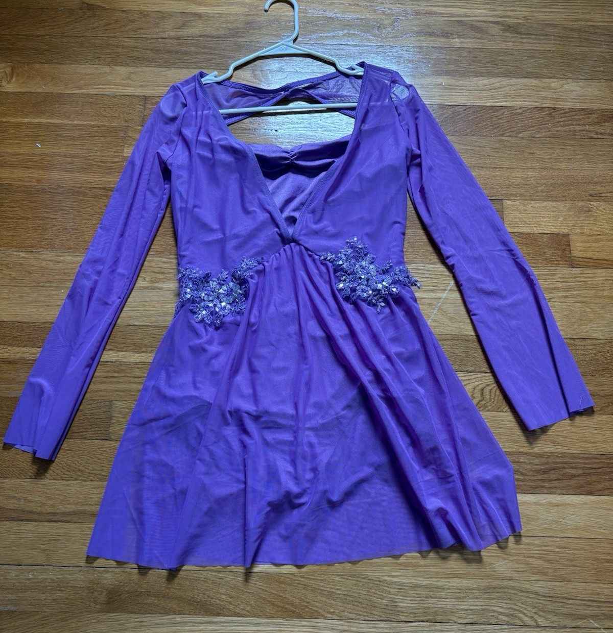Dance Women’s Purple V-Neck Long Sleeve Short A-Line Dress Sequin Accents L
