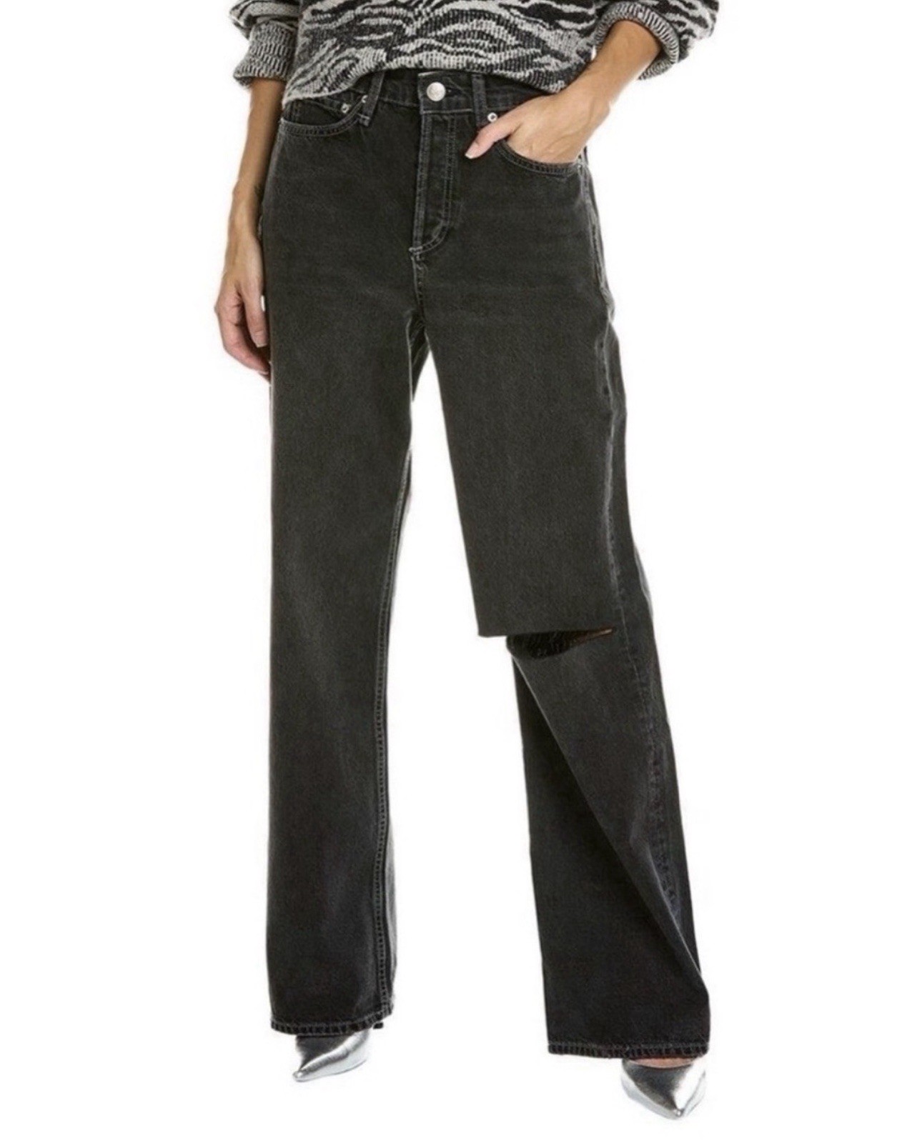 rag & bone Women’s Logan Mid-Rise Wide-Leg Jeans Charcoal Wash Distressed