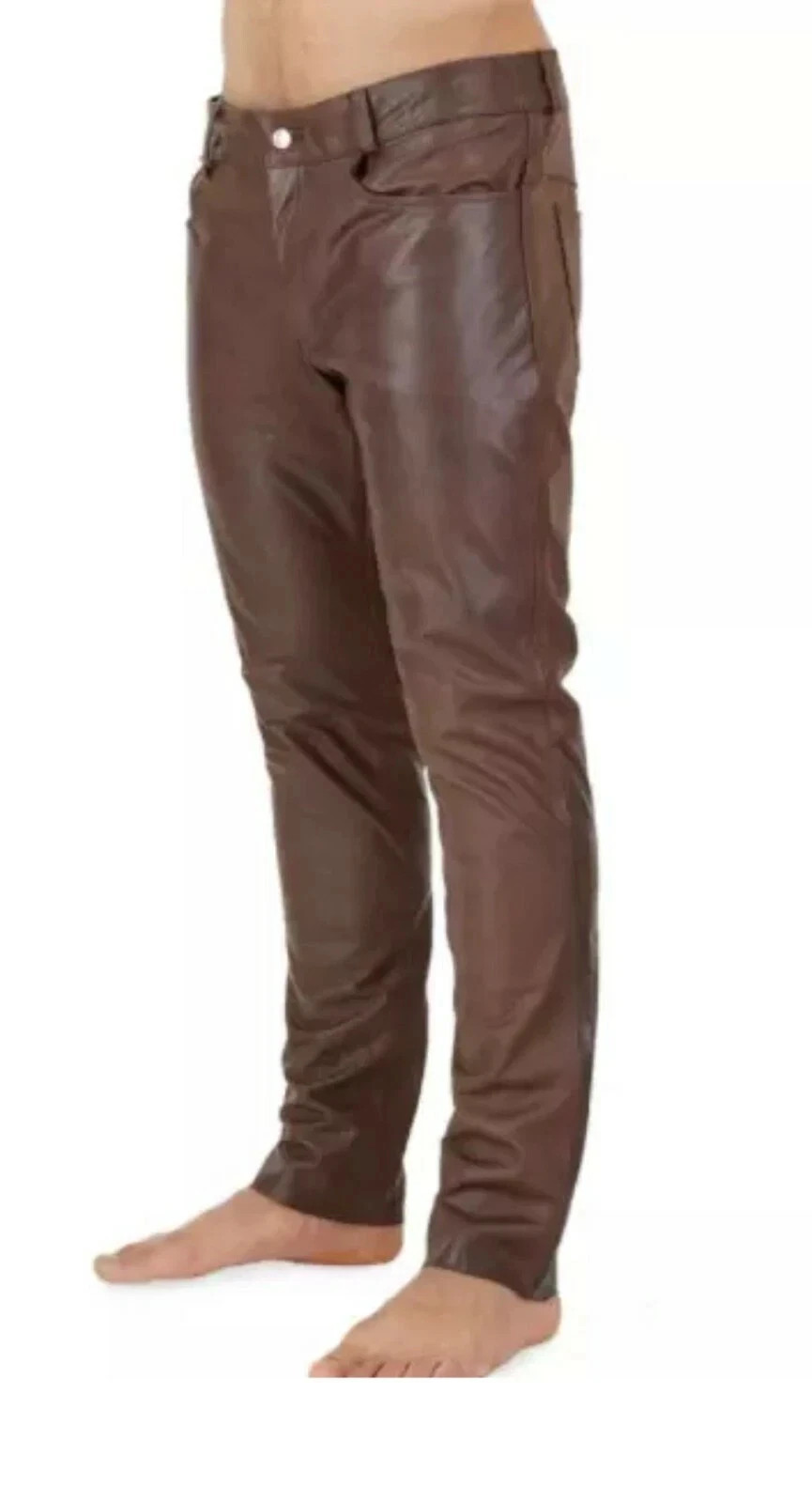 Mens Biker Jeans Real Brown Or Cow Leather Sleek And Sexy 501 Style Pants New
