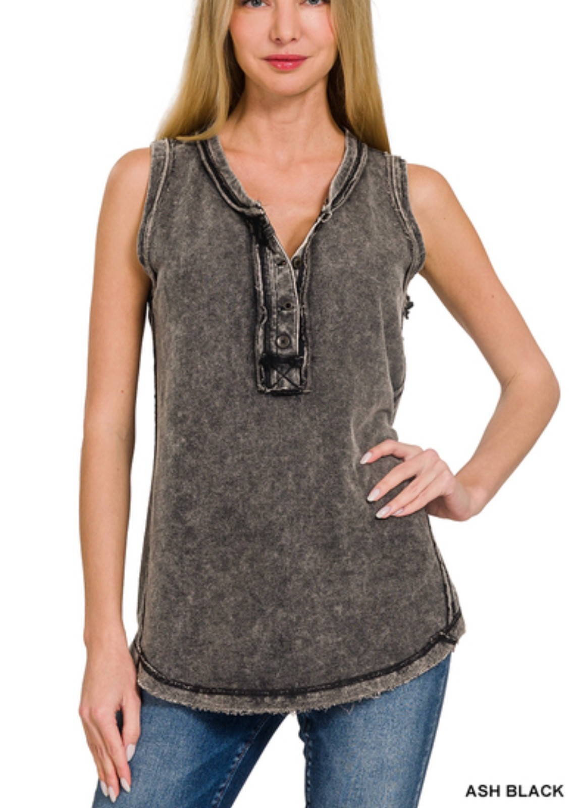 ZENANA 5251 Color Washed Henley Tank top Tunic 100% CottonRaw Edge Exposed Seam