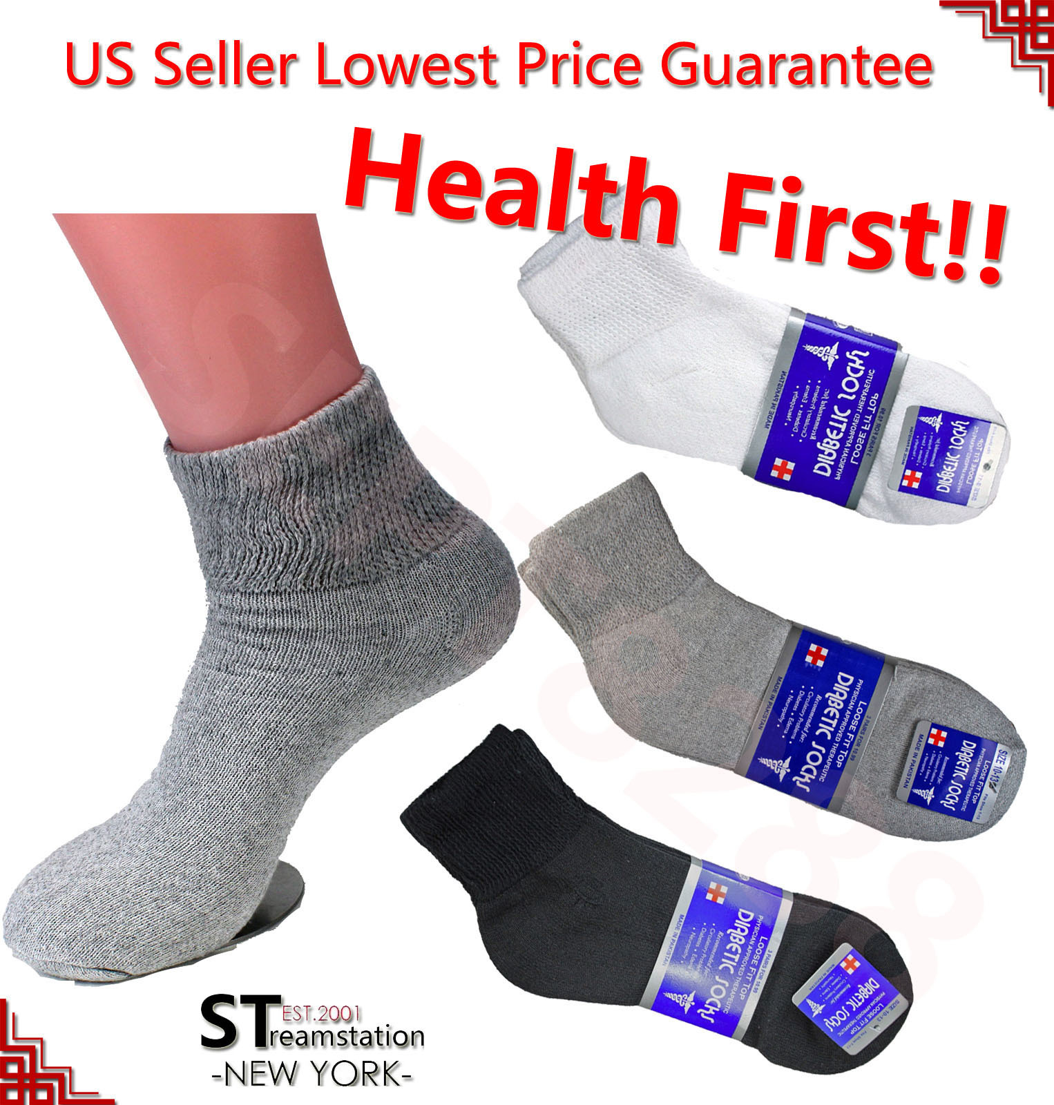 3,6,12 Pairs Diabetic Socks ANKLE QUARTER Crew Circulatory Socks Health Cotton