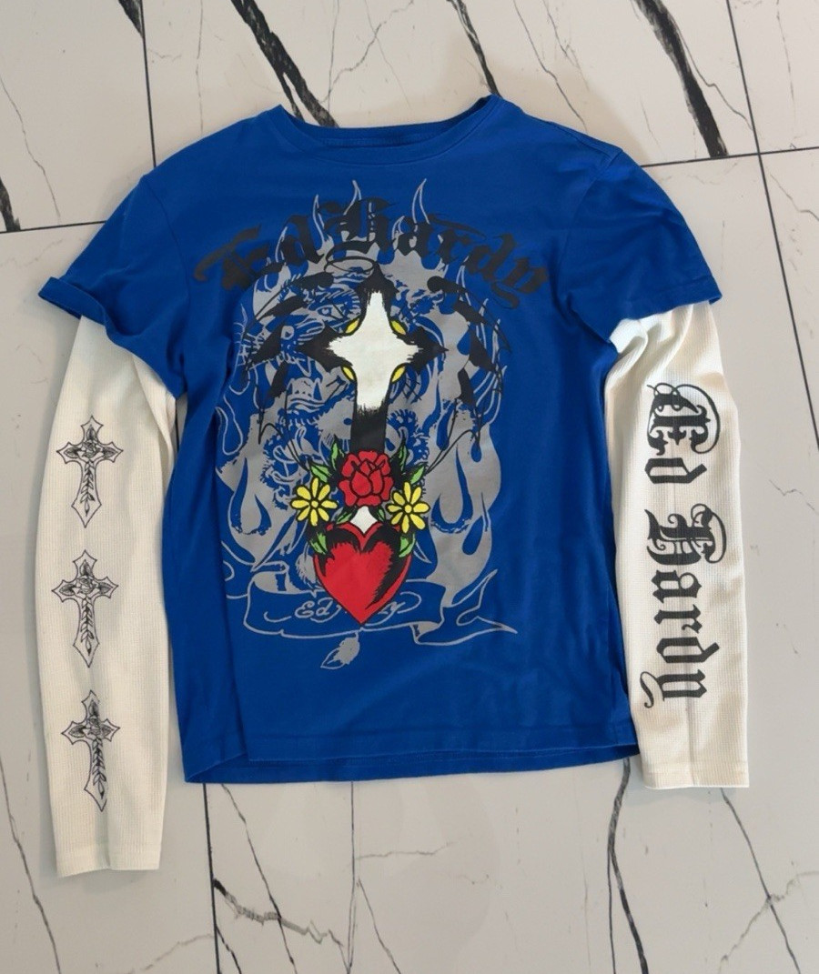 Ed Hardy Men’s Blue/White Graphic Logo Crew Neck Long Sleeve T-Shirt Size S