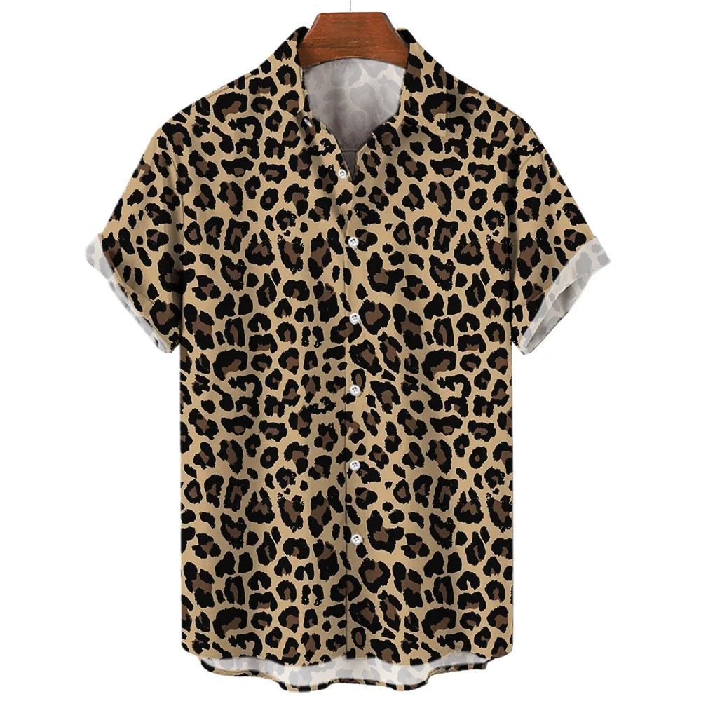 Men’s Leopard Print Oversized Short Sleeve Button-Up Shirt with Lapel