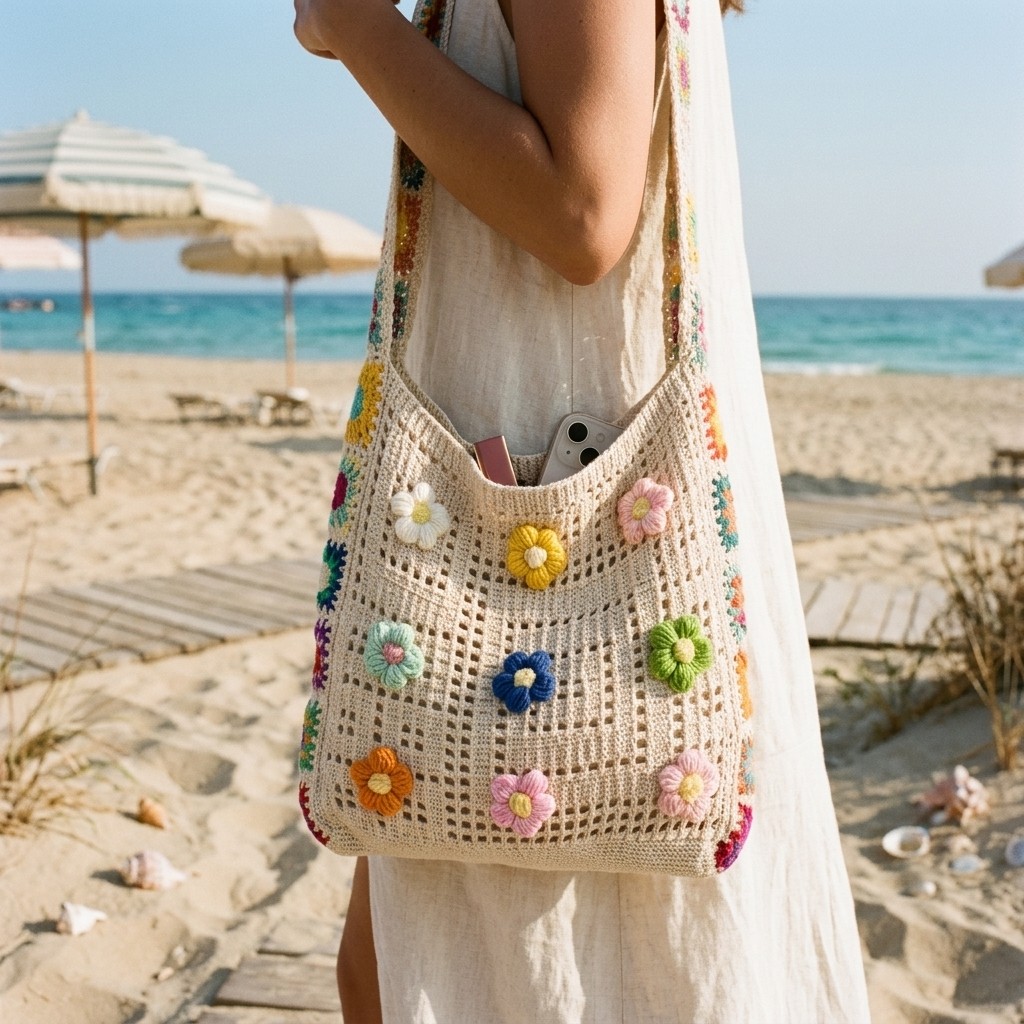 Women Crochet Tote Bag Cute Flower Beige Boho Crossbody Bag for Daily Leisure