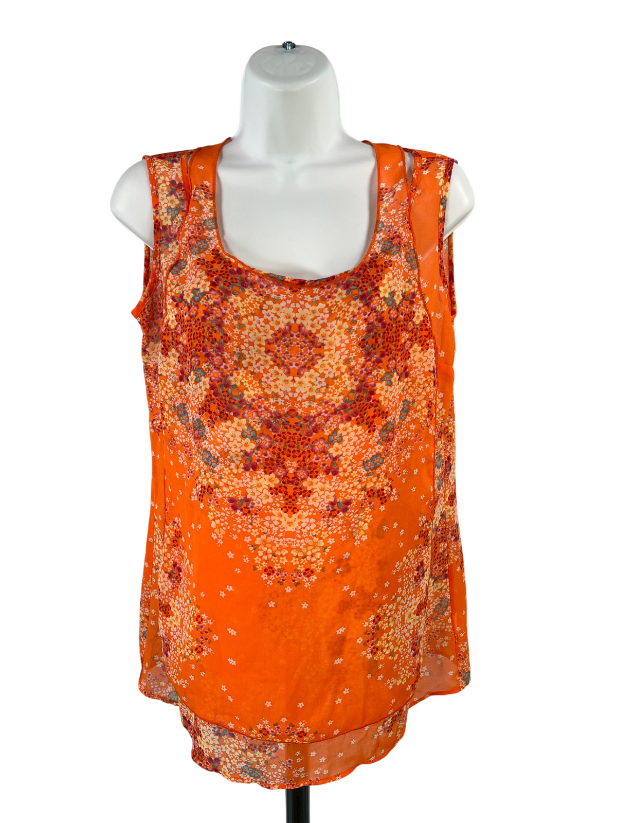 Cabi Women’s Orange Floral Semi Sheer Sleeveless Blouse – S