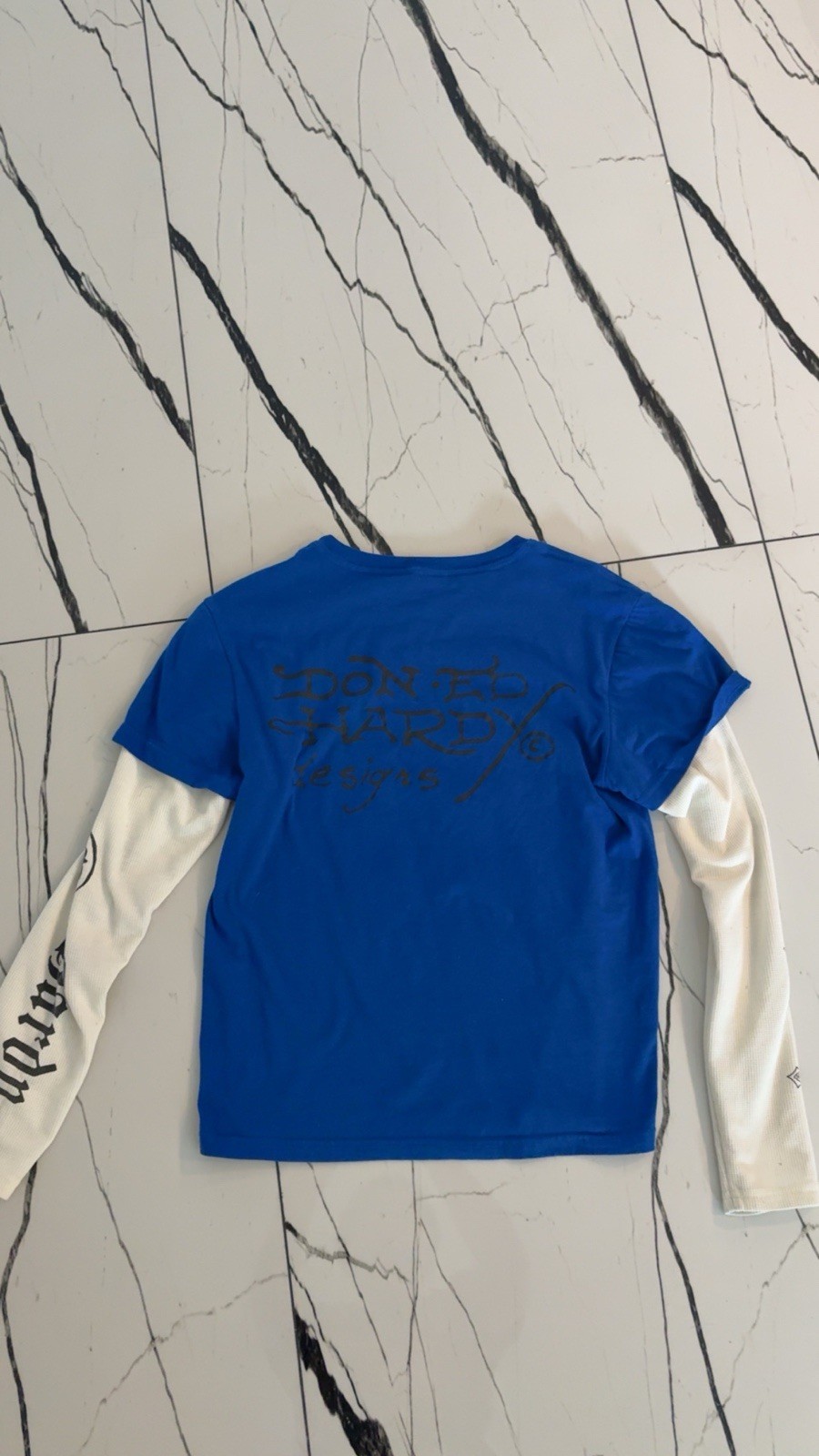 Ed Hardy Men’s Blue/White Graphic Logo Crew Neck Long Sleeve T-Shirt Size S