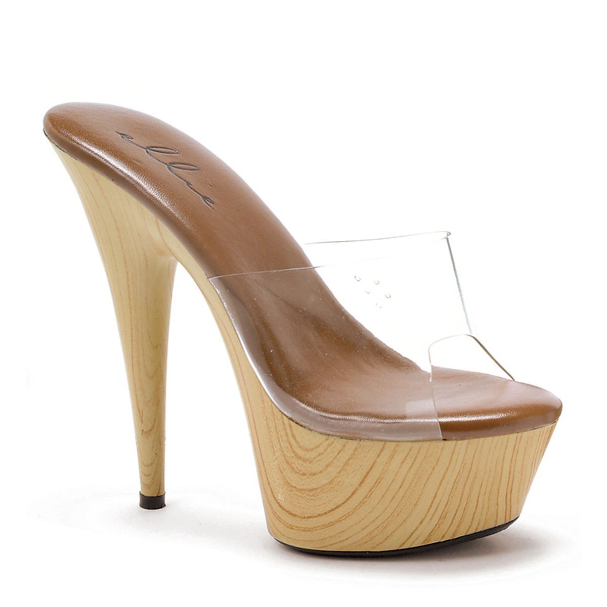 Clear Brown Wood Slip On Candie Style 1970s Platform Peep Toe High Heels Shoes