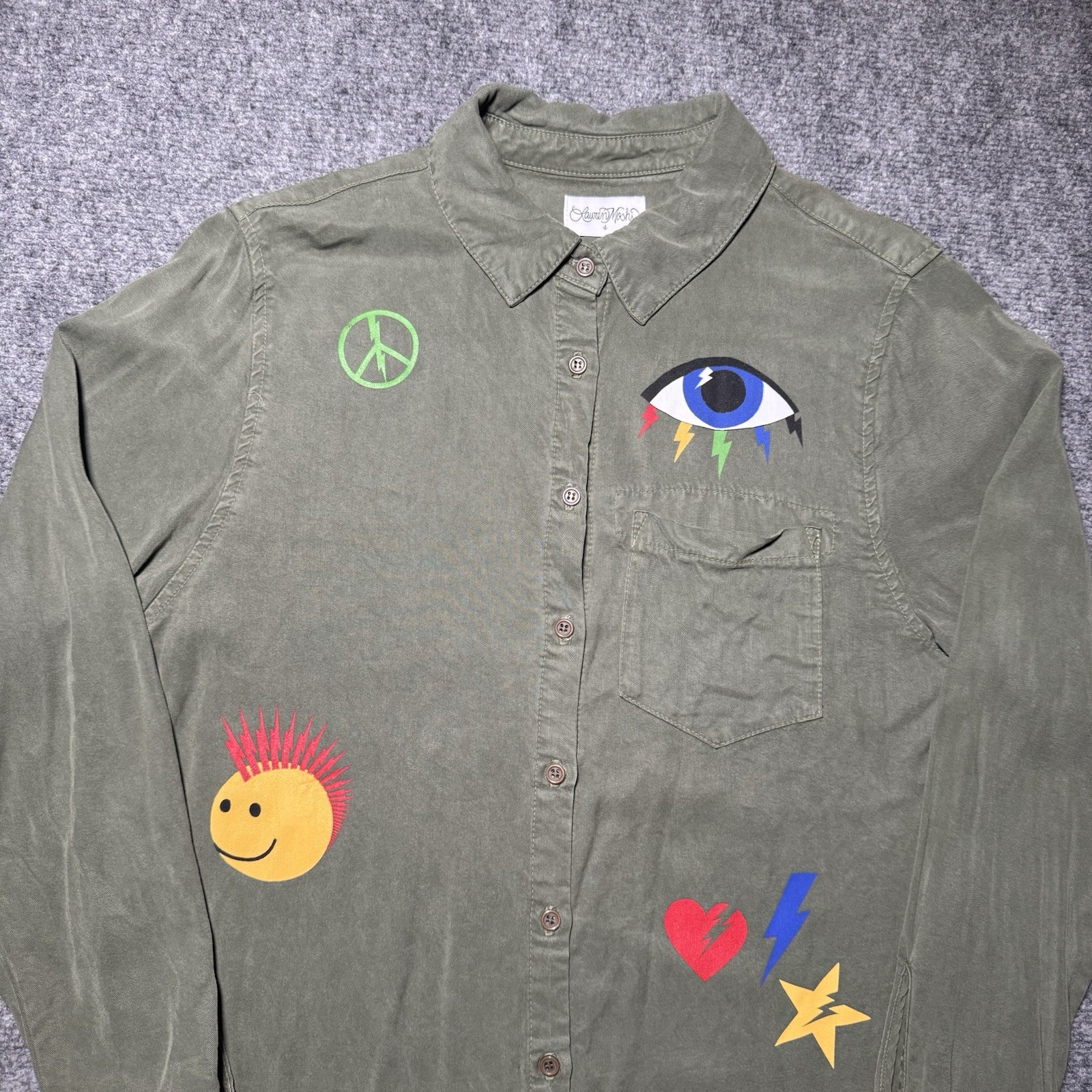 Lauren Moshi Military Green Button Up Shirt Eye Peace Smile Frayed Long Sleeve S