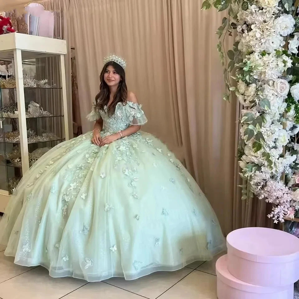 Mint Green Off Shoulder Floral Quinceanera Gown Puff Sleeve Tulle Ball Gown