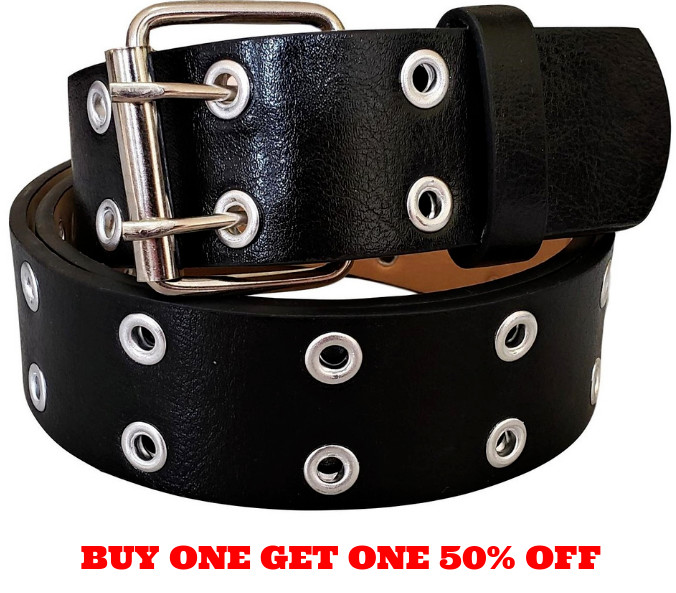 Men’s Women’s Leather Two Rows Silver Grommet Double Holes Black Belt All Sizes