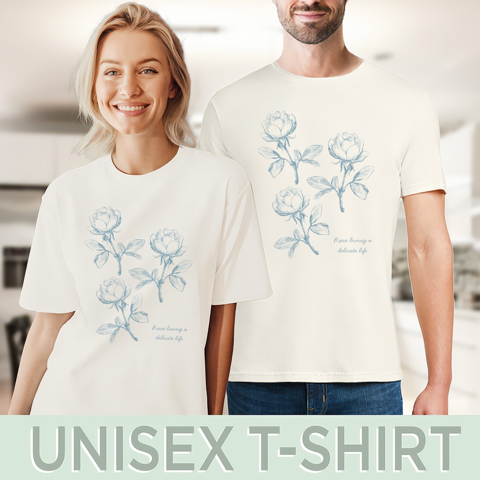 Rose Drawing TShirt Blue Floral Graphic Botanical Soft Cotton Shirt Flower Sketc