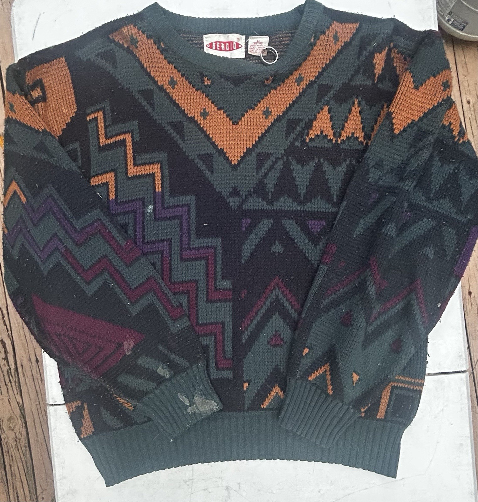 Sergio vintage 90s acrylic sweater with geometric pattern Size M. Stain As shown