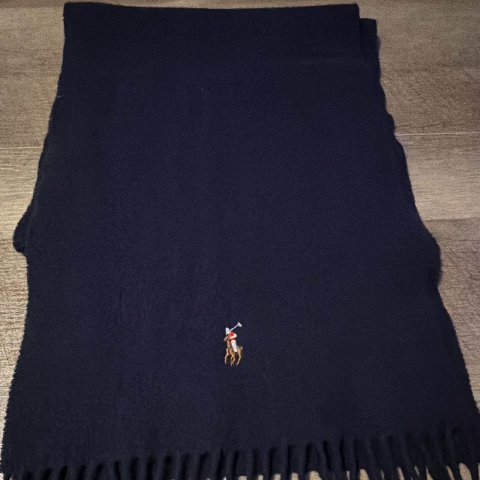 Polo Ralph Lauren Men’s Black 100% Lambswool Fringe Polo Pony Logo Scarf