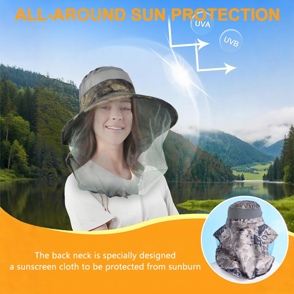 Outdoor Mosquito Sun Hat with Head Net & Neck Flap Wide Brim Cap UV Protection