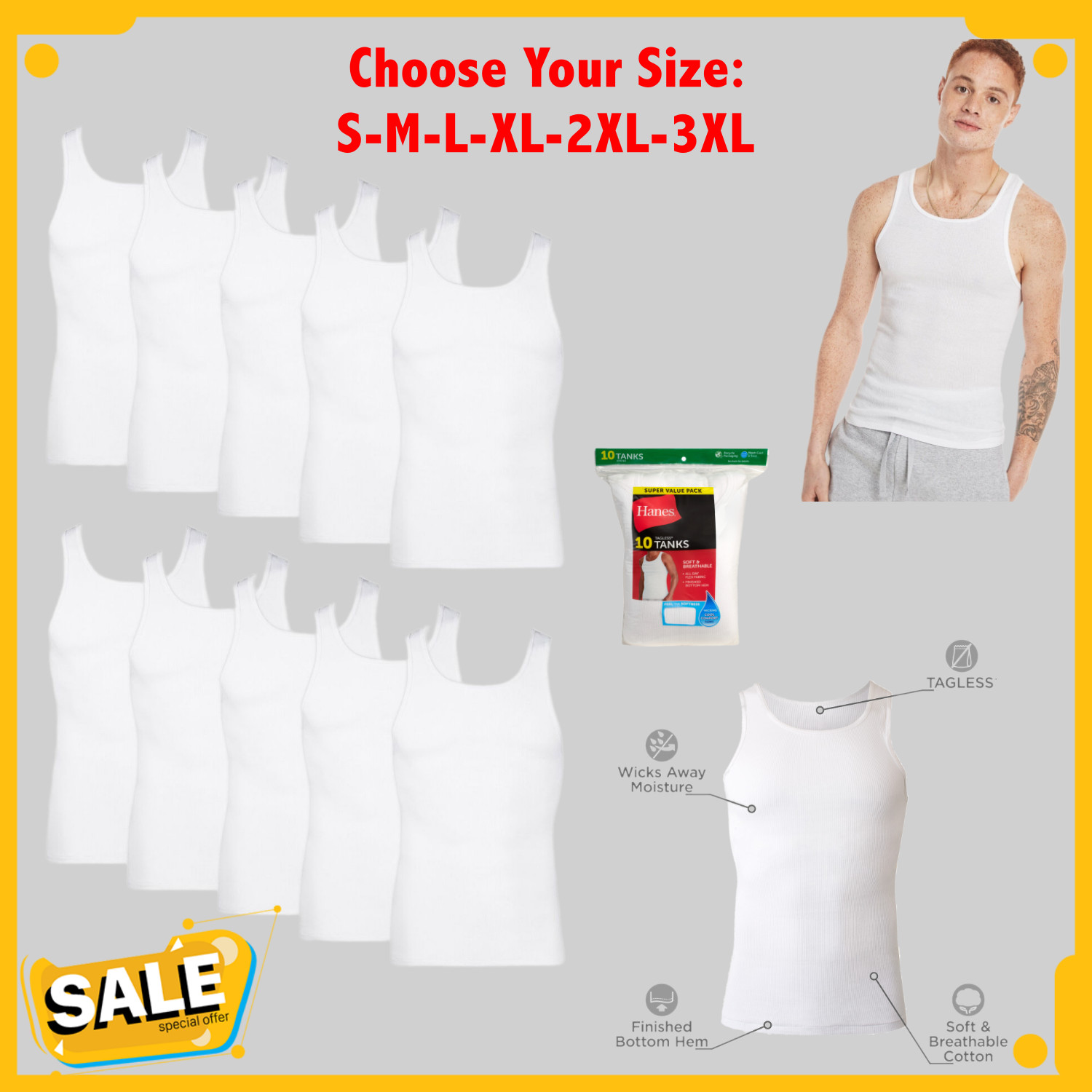 Hanes Tank Undershirt 10-Pack ComfortSoft Value Tag Itch Free Ribbed White S-3XL