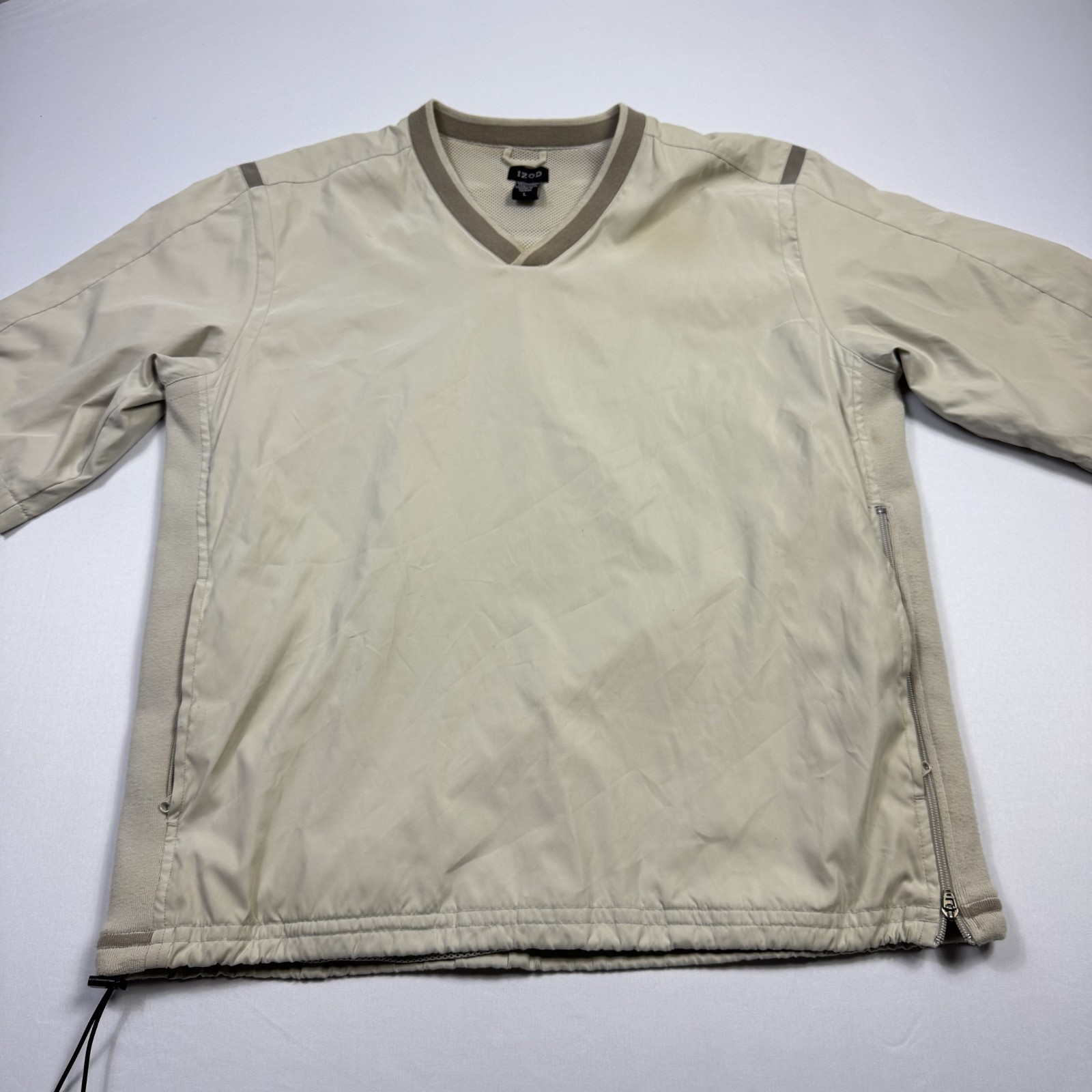 IZOD Golf V-Neck Windbreaker Jacket Short Sleeve Nylon Polyester Beige Men’s L