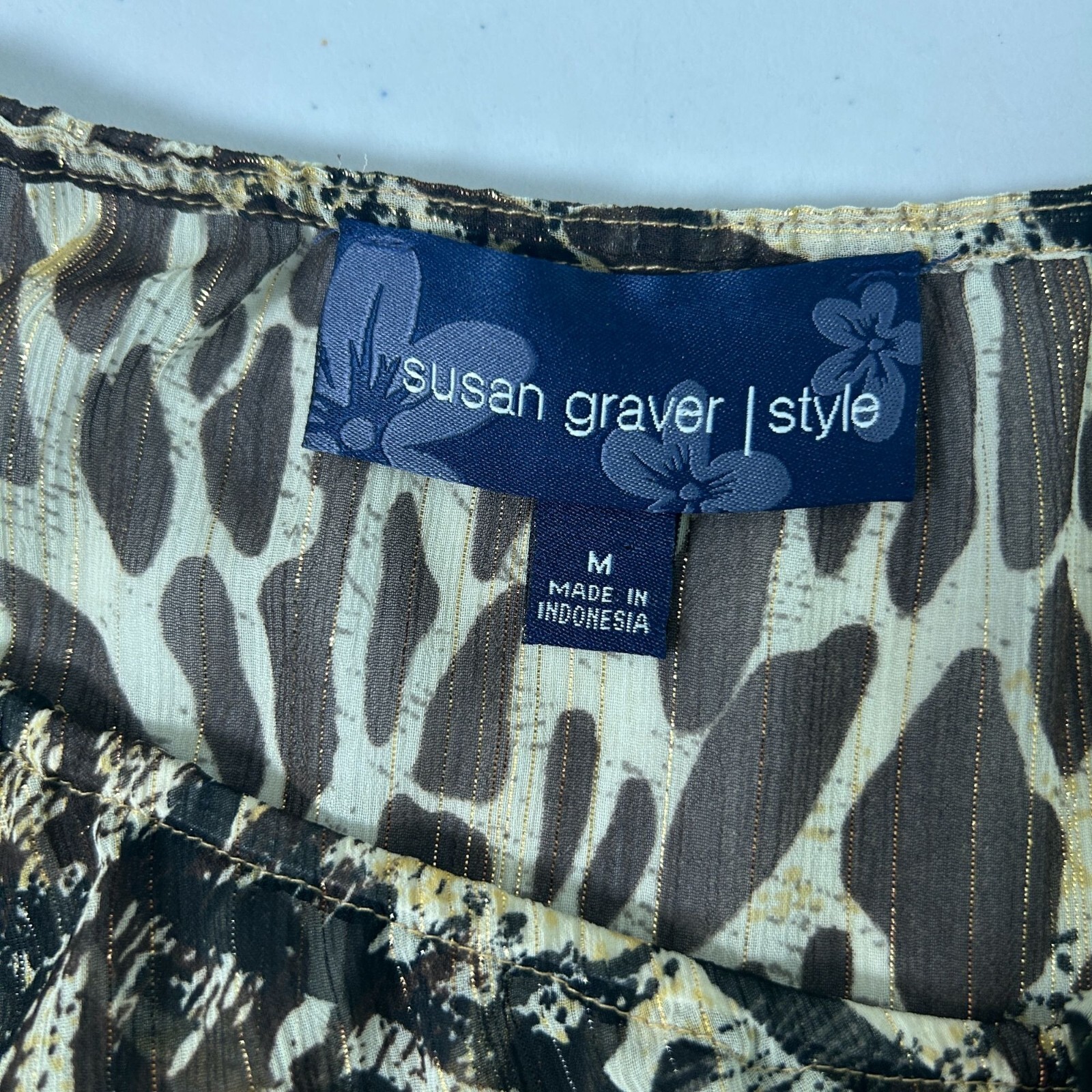 Susan Graver Tunic Top Womens Size M Brown Tan Chiffon Animal Print Metallic